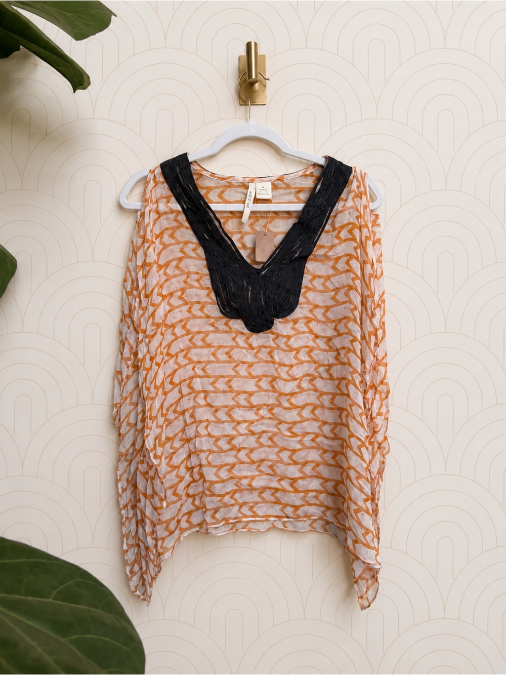 Silk Ark & Co Sheer Orange Patterned Tunic with Brown V-Neck